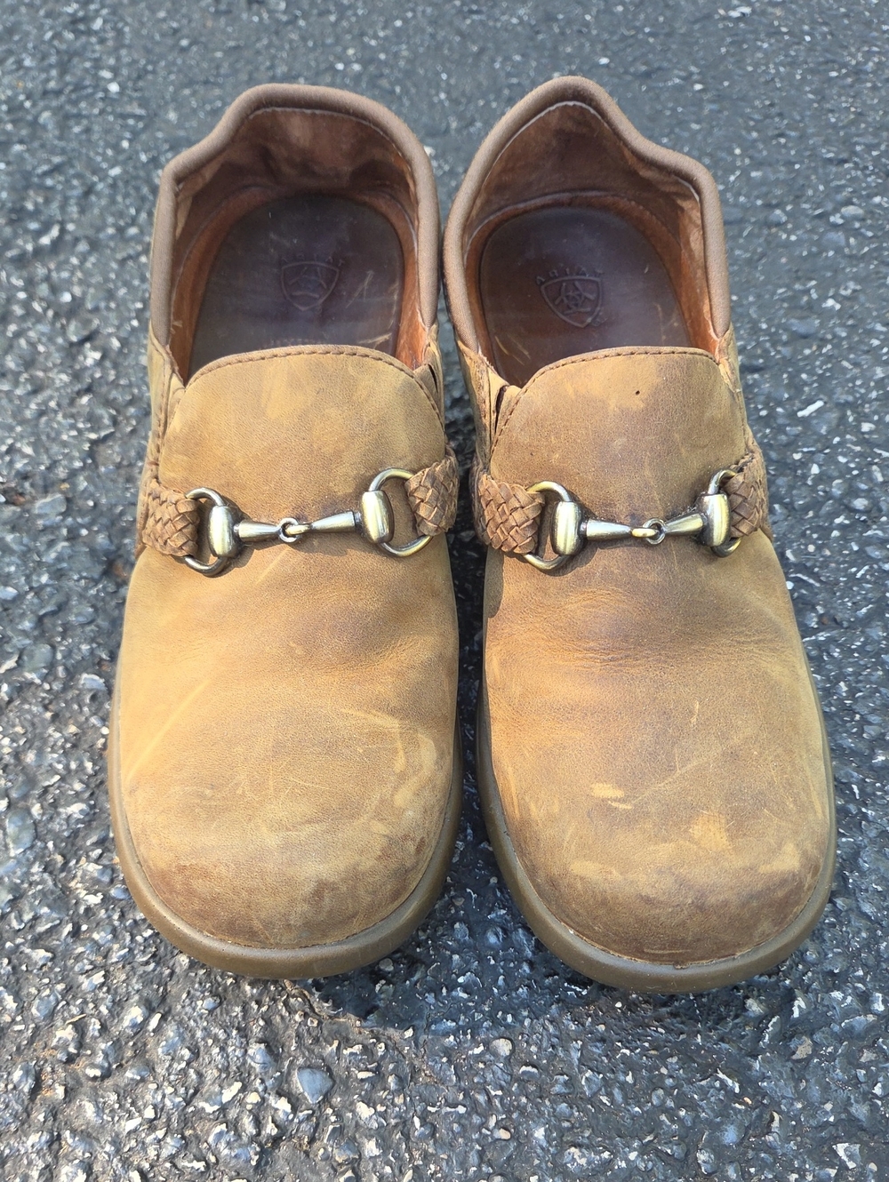 Women's Slip-On Leather Loafers in Tan with Bridle Bit Detail